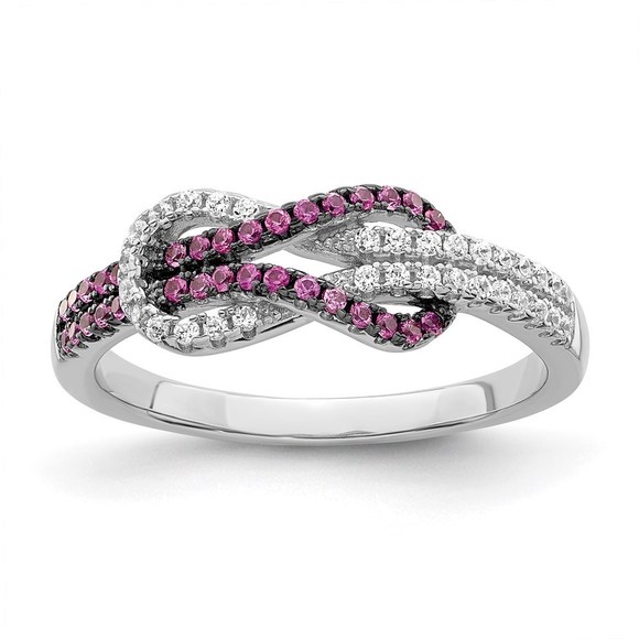 925 Sterling Silver RH Micro Pave‚ Red and White CZ Love Knot Ring, Size 8 - Picture 1 of 6